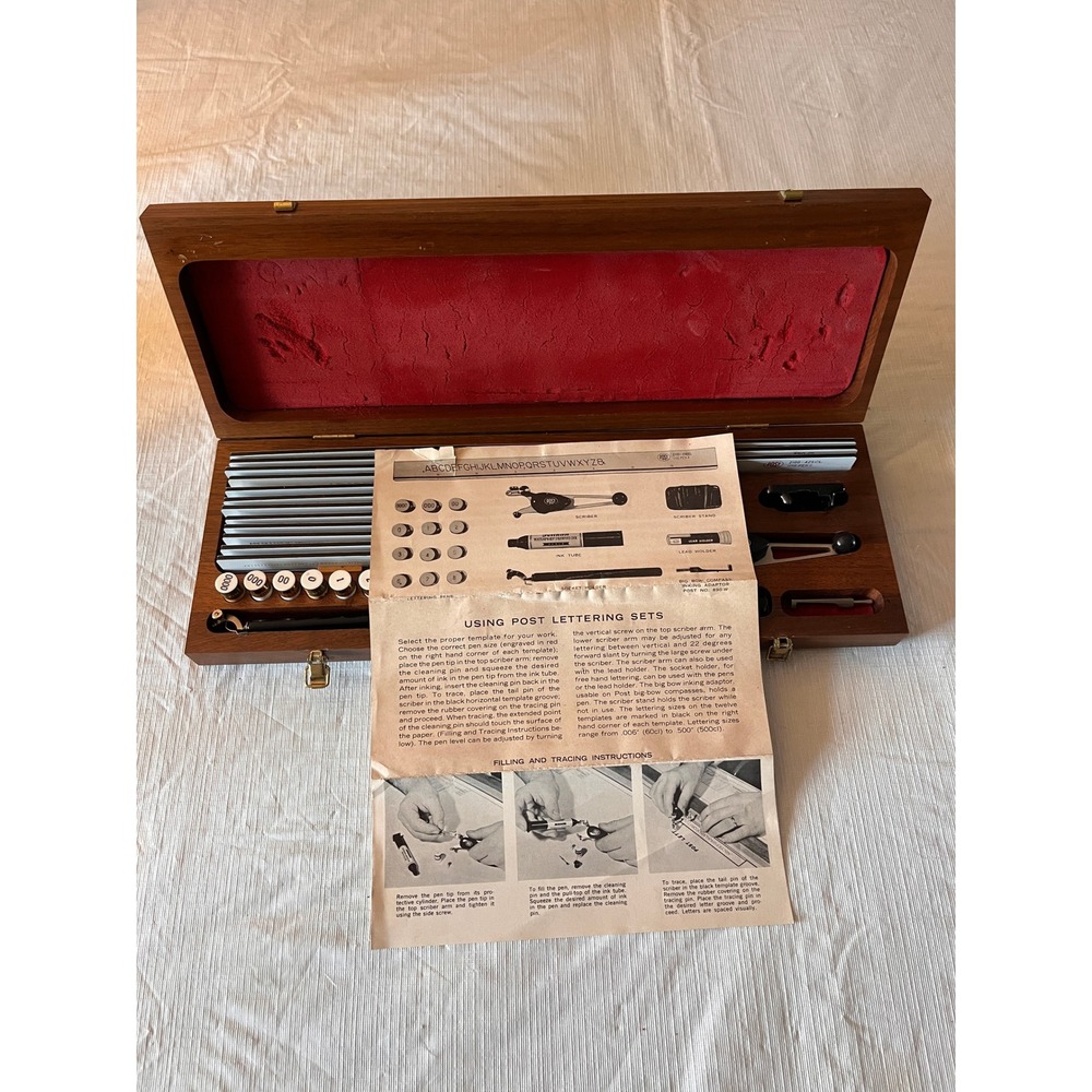 Vintage Post Keuffel & Esser Leroy Lettering Drafting Set Wood Case 12 Templates